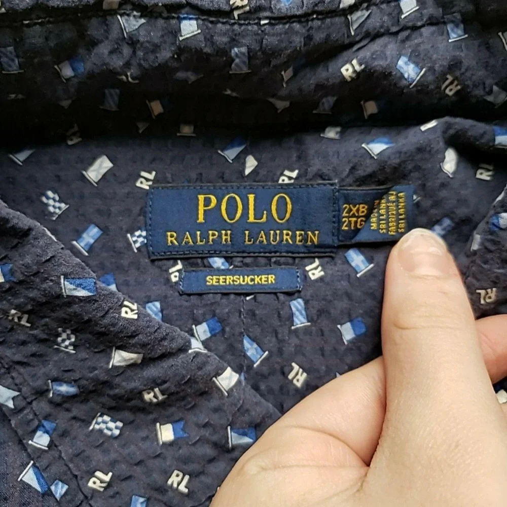 Polo Ralph Lauren Shirt Mens Big 2X Blue Nautical Flag Seersucker Button-Up
